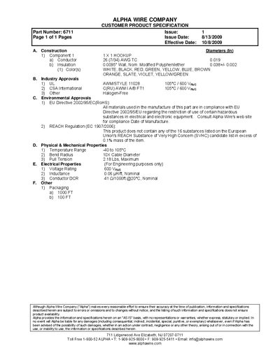 Alpha Wire 6711 Customer Product Specification - cover page