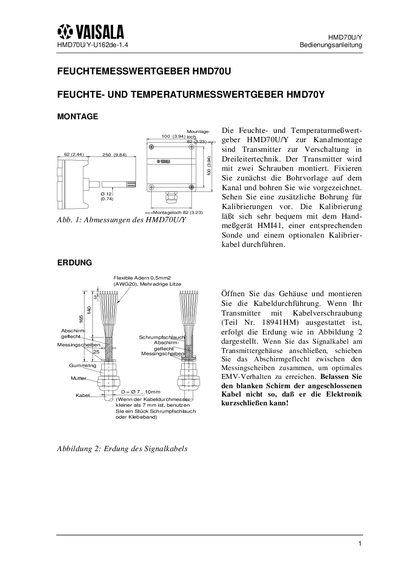 Vaisala HMD70U/Y Humidity and Temperature Sensor User Manual - cover page