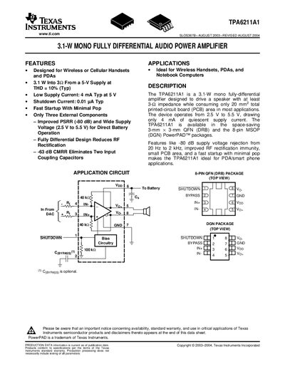 Texas Instruments TPA6211A1 Audio Power Amplifier Datasheet - cover page