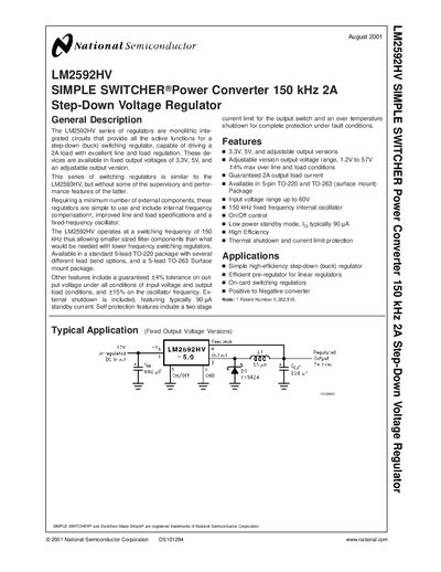 National Semiconductor LM2592HV Step-Down Voltage Regulator Datasheet - cover page