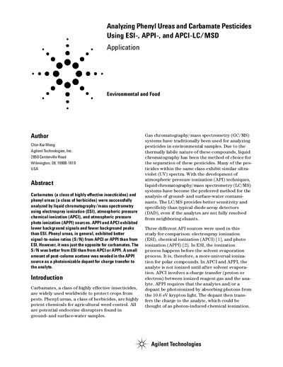 Agilent G1946D LC/MSD Application Note: Analyzing Phenyl Ureas and Carbamate Pesticides - cover page