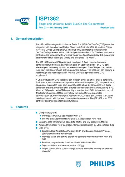 Philips ISP1362 USB On-The-Go Controller Datasheet