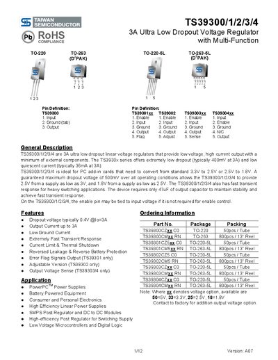 TSC TS39300 Series Ultra Low Dropout Voltage Regulator Datasheet - cover page