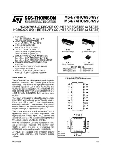 ST M54 /74HC 69 6/6 9 7 M5 4/7 4HC6 9 8 /6 9 9 March 1993 HC697/699 U/D 4 BIT BINARY COUNTER/REGISTER (3-STATE) HC696/698 U/D DECADE COUNTER/REGISTER (3-STATE) Manual - cover page