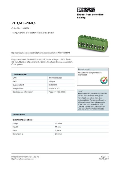 PHOENIX CONTACT PT 1 5/ 8-PH-3 5 Order No.: 1984374 The figure shows a 10-position version of the product handbook - cover page