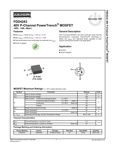 Fairchild FDD4243 P-Channel MOSFET Datasheet - cover page