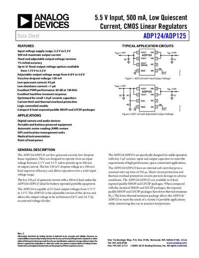 Analog Devices ADP124/ADP125 Linear Regulator Datasheet - cover page