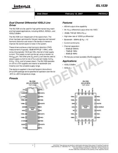 Intersil ISL1539 Dual Channel Differential VDSL2 Line Driver Datasheet - cover page