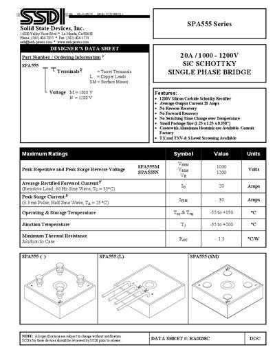 SSDI SPA555 Series 20A 1000 - 1200V SiC SCHOTTKY SINGLE PHASE BRIDGE Manual(1) - cover page