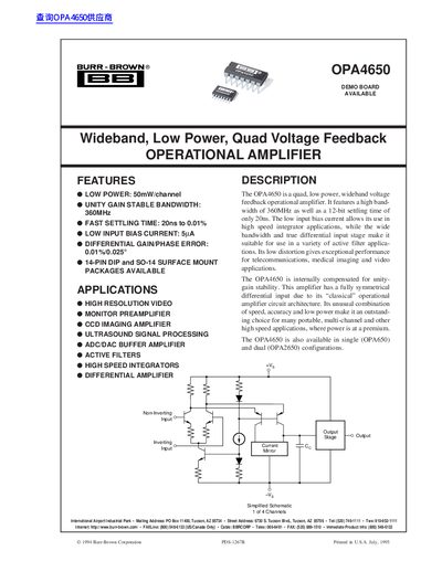 Burr-Brown OPA4650 Wideband Low Power Quad Operational Amplifier Datasheet - cover page