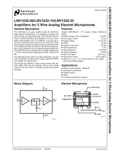 NATIONAL SEMICONDUCTOR - LMV1032-06/LMV1032-15/LMV1032-25 Amplifiers for 3 Wire Analog Electret Microphones handbook - cover page