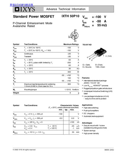 IXYS IXTH50P10 P-Channel Enhancement Mode MOSFET Datasheet - cover page