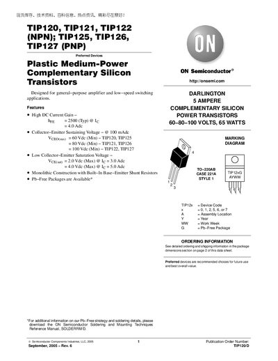 ON Semiconductor TIP120/TIP121/TIP122/TIP125/TIP126/TIP127 Datasheet - cover page