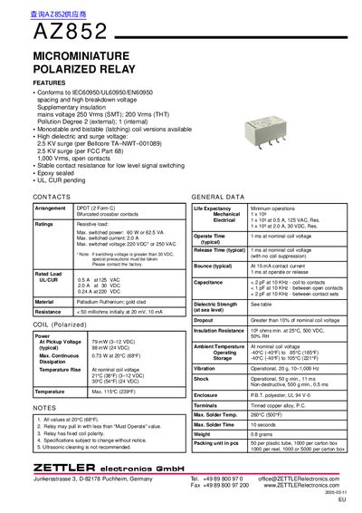 ZETTLER Electronics AZ852 Microminiature Polarized Relay Datasheet - cover page