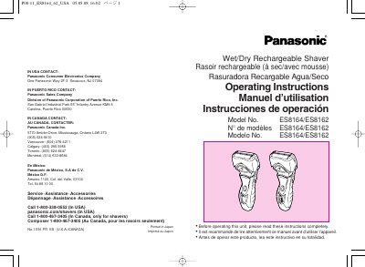 Panasonic ES8164/ES8162 Wet/Dry Rechargeable Shaver Operating Instructions - cover page