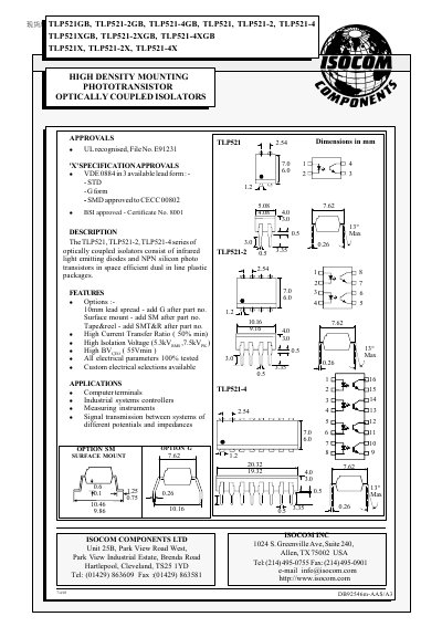 ISOCOM COMPONENTS TLP521GB TLP521-2GB TLP521-4GB TLP521 TLP521-2 TLP521-4 TLP521XGB TLP521-2XGB TLP521-4XGB TLP521X TLP521-2X TLP521-4X handbook(1) - cover page