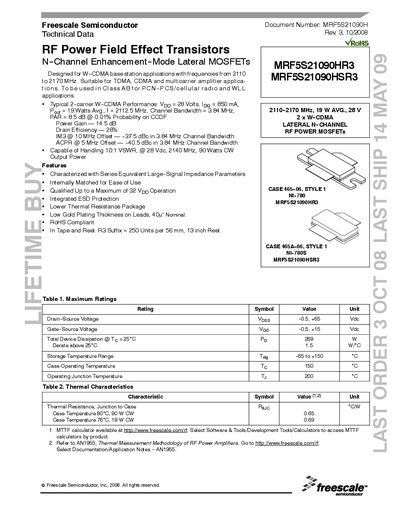 Freescale MRF5S21090HR3 RF Power MOSFET Datasheet - cover page