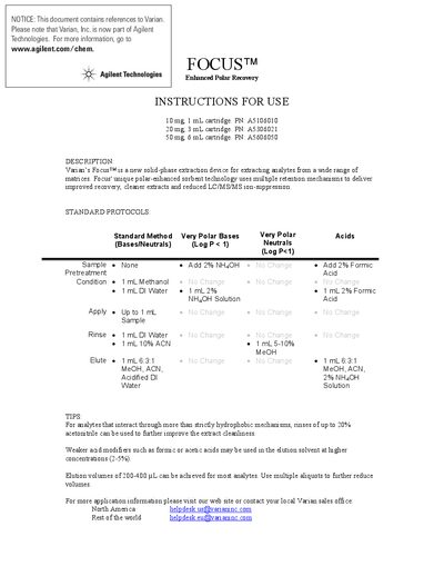Agilent FOCUS Enhanced Polar Recovery Instructions for Use - cover page