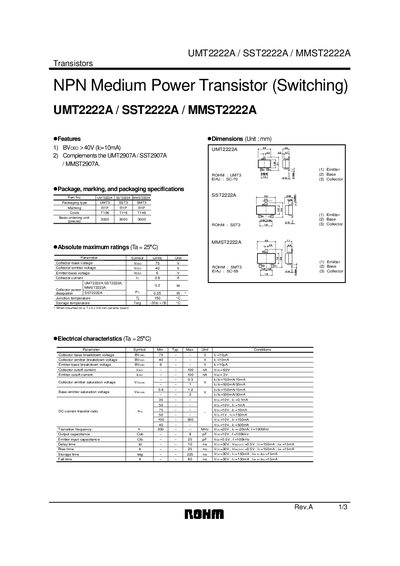 ROHM UMT2222A / SST2222A / MMST2222A Datasheet - cover page