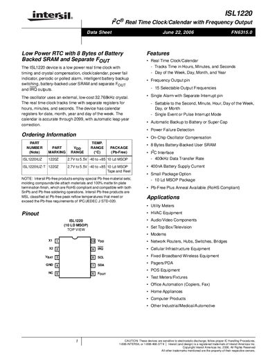 Intersil ISL1220 Real Time Clock/Calendar with Frequency Output Datasheet - cover page