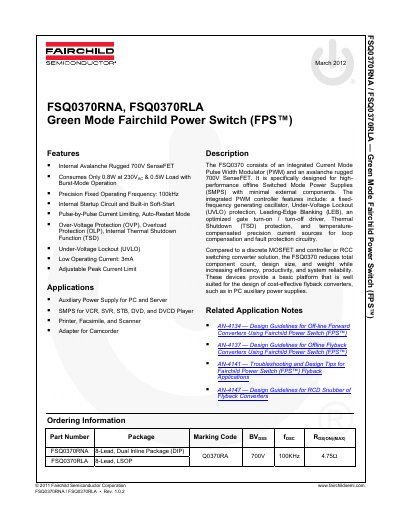 Fairchild Semiconductor FSQ0370RNA/RLA Datasheet - cover page