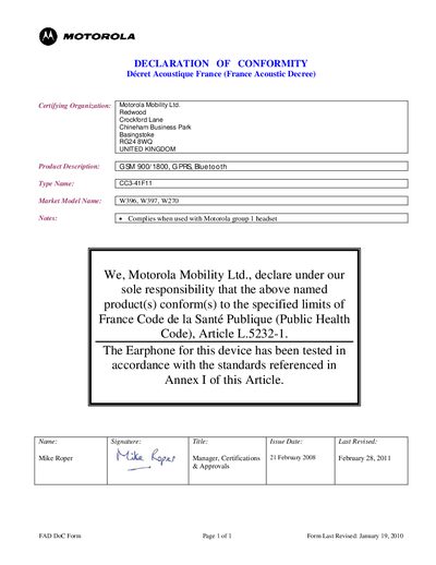 Motorola CC3-41F11 GSM/GPRS Bluetooth Earphone Declaration of Conformity - cover page