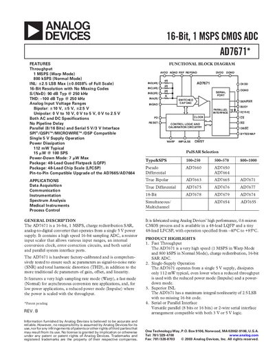 Analog Devices AD7671 16‑Bit 1 MSPS CMOS ADC Datasheet - cover page