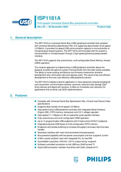 Philips ISP1181A Full-speed USB Peripheral Controller Datasheet - cover page