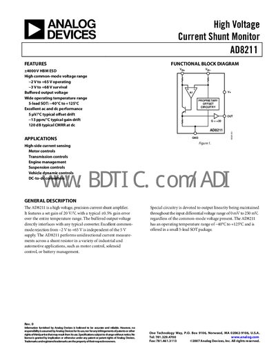 Analog Devices AD8211 High Voltage Current Shunt Monitor Datasheet - cover page