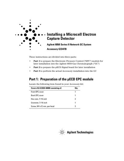 Agilent 6850 GC Microcell Electron Capture Detector Installation Guide - cover page