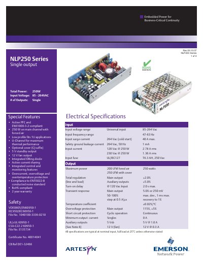 Artesyn NLP250 Series Single Output Power Supply Datasheet - cover page