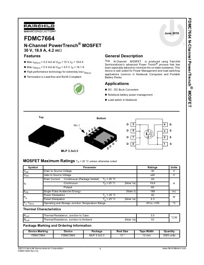 Fairchild Semiconductor FDMC7664 N-Channel PowerTrench MOSFET Datasheet - cover page