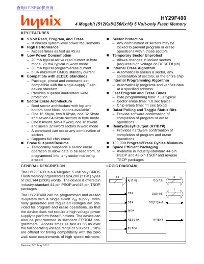 Hynix HY29F400 Flash Memory Datasheet - cover page