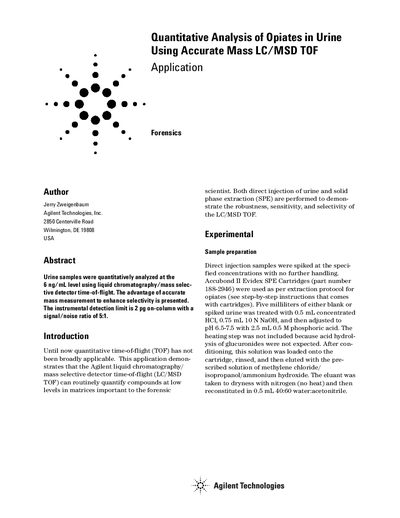 Agilent 1100 Series LC/MSD TOF Opiate Analysis Application Note - cover page