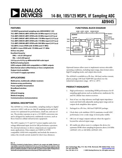 Analog Devices AD9445 14‑Bit IF Sampling ADC Datasheet - cover page