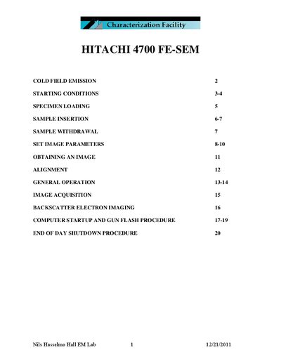 Hitachi 4700 FE-SEM User Manual - cover page