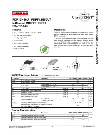 Fairchild FDP12N50U/FDPF12N50UT N-Channel MOSFET Datasheet - cover page