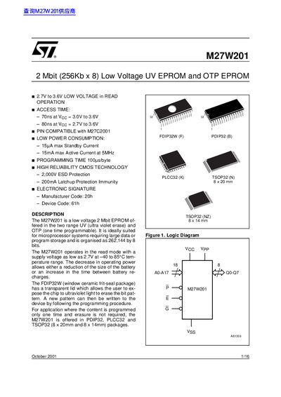 STMicroelectronics M27W201 EPROM Datasheet - cover page