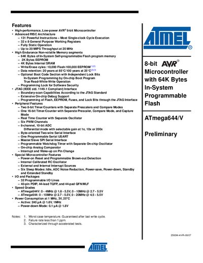 Atmel ATmega644/V Preliminary Manual