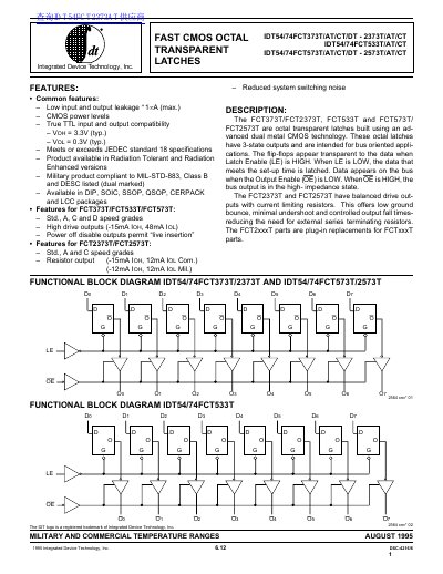 Integrated Device Technology Inc IDT54/74FCT373T/AT/CT/DT - 2373T/AT/CT IDT54/74FCT533T/AT/CT - cover page