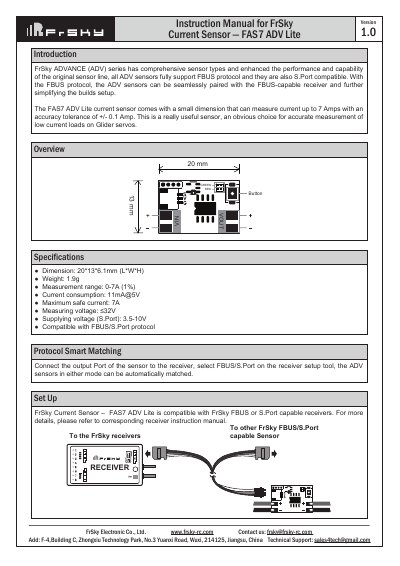FrSky FAS7 ADV Lite Current Sensor User Manual - cover page