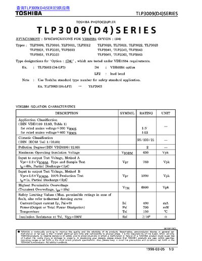 Toshiba TLP3009(D4) Series Datasheet - cover page
