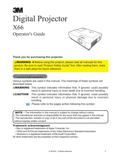 3M X66 Digital Projector Operator's Guide - cover page