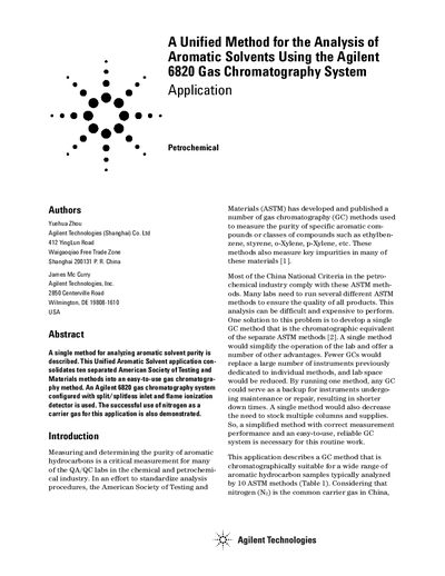 Agilent 6820 Gas Chromatography System Aromatic Solvent Analysis Application Note - cover page