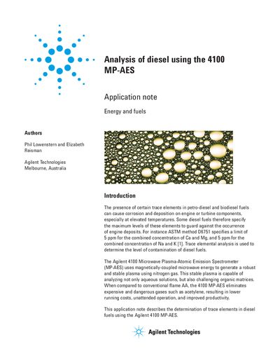 Agilent 4100 MP-AES Application Note for Diesel Analysis - cover page