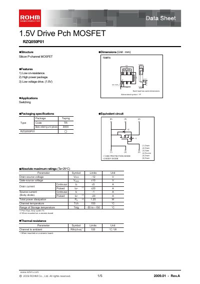 ROHM RZQ050P01 1.5V Drive Pch MOSFET Datasheet - cover page