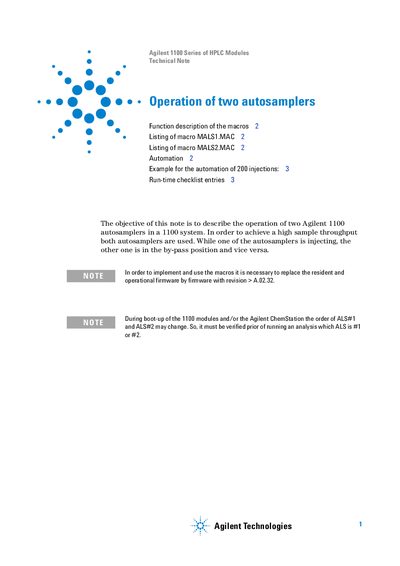 Agilent 1100 Series HPLC Technical Note for Operation of Two Autosamplers - cover page