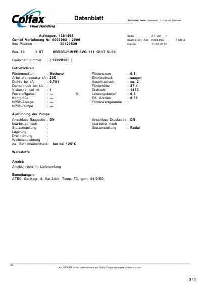 ALLWEILER SVG 111 G11T VI.60 Circulating Pump Datasheet - cover page
