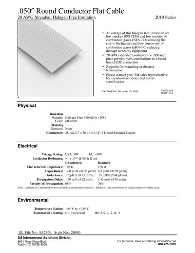 3M 2010 Series .050" Round Conductor Flat Cable Datasheet