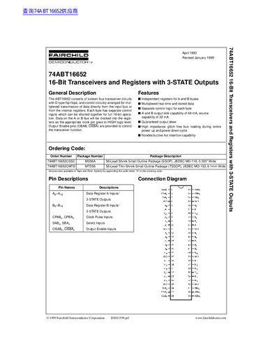 FAIRCHILD 74ABT16652 16-Bit Transceivers Registers with 3-STATE Outputs handbook - cover page